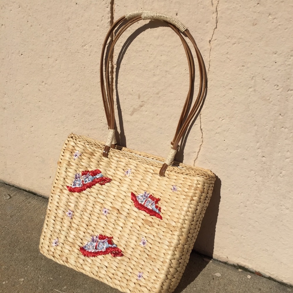 Strappy Straw Tote Bag with Embroidery